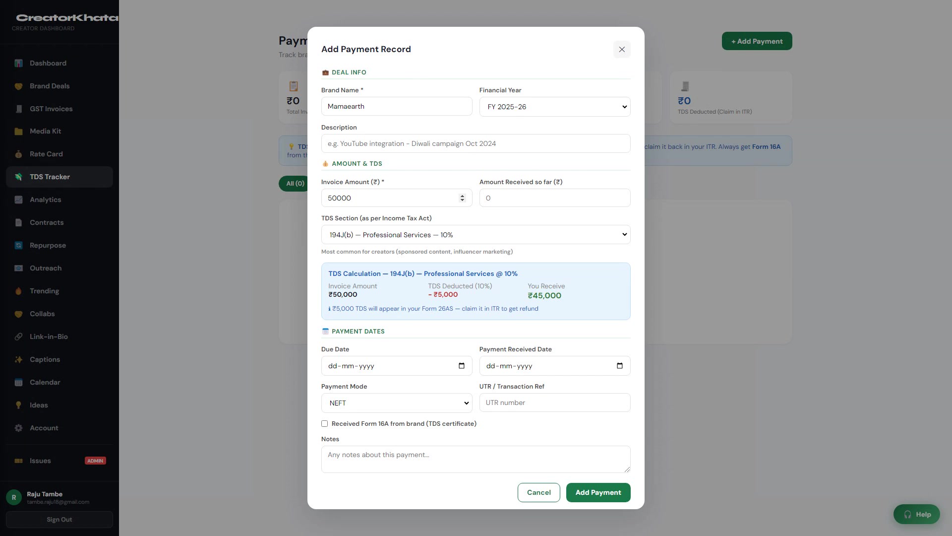 Add Payment Record in CreatorKhata's TDS Tracker — invoice ₹50,000 under section 194J(b) auto-computes ₹5,000 TDS deducted and ₹45,000 net receivable in real time